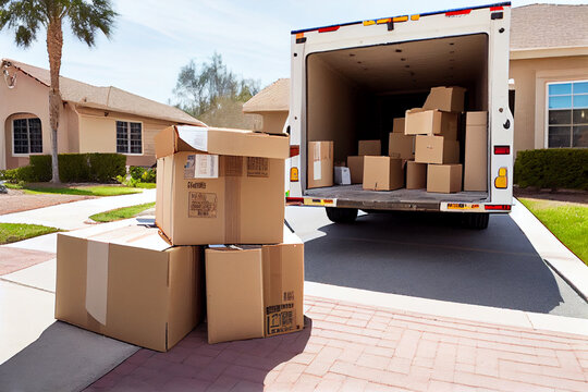 Aerial view of the best movers and packers in Dubai efficiently loading many packed boxes onto a large moving truck during a seamless residential or office moving project.
