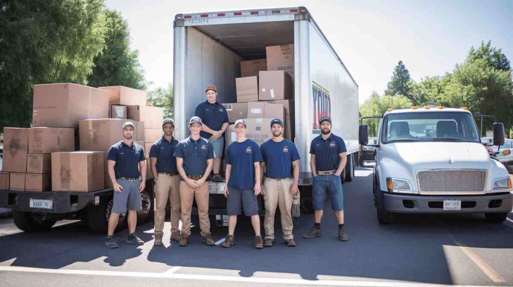 Our professional and large team of the best movers and packers in Dubai posing proudly in front of a full moving truck, showcasing the capacity to handle any move.